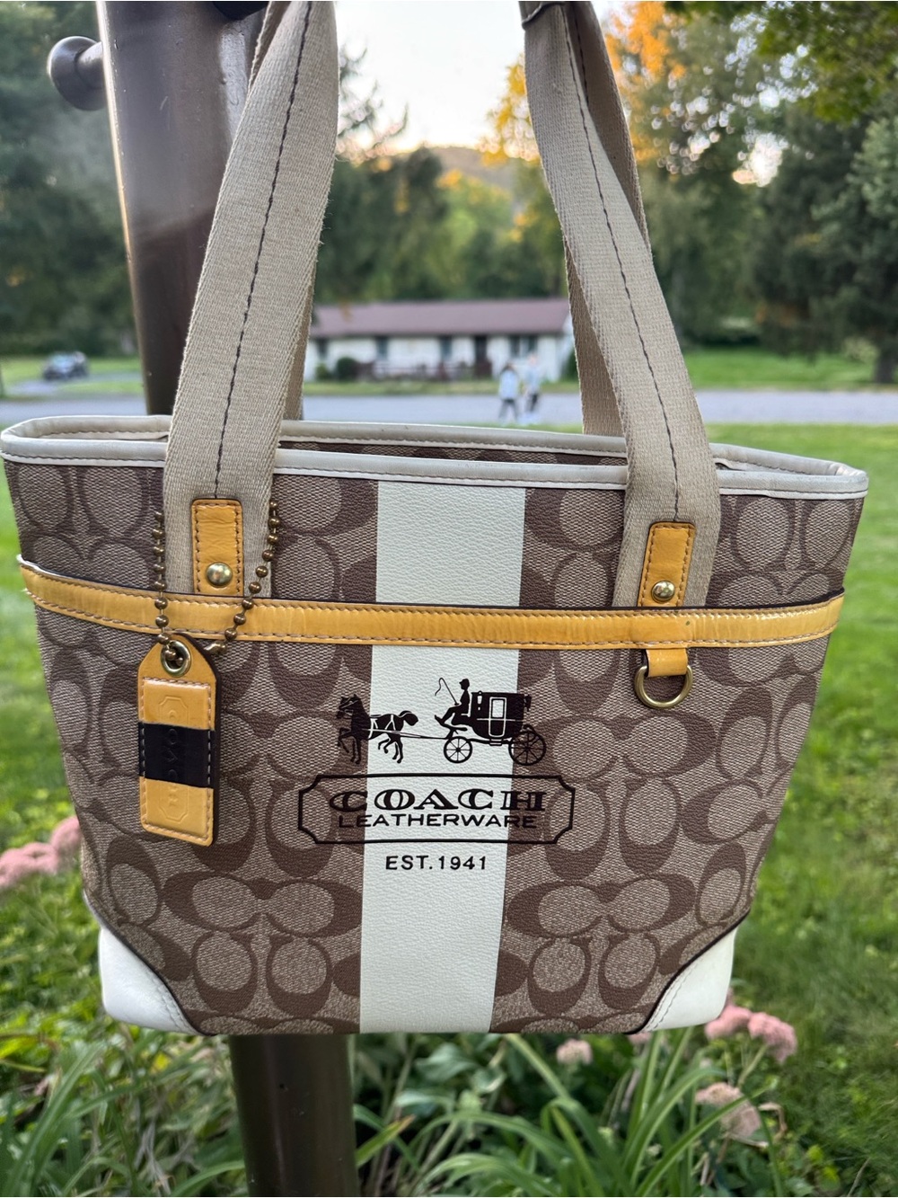 Coach Hampton with Tattersall Lining Signature Tote, White Stripe & Yellow Trim